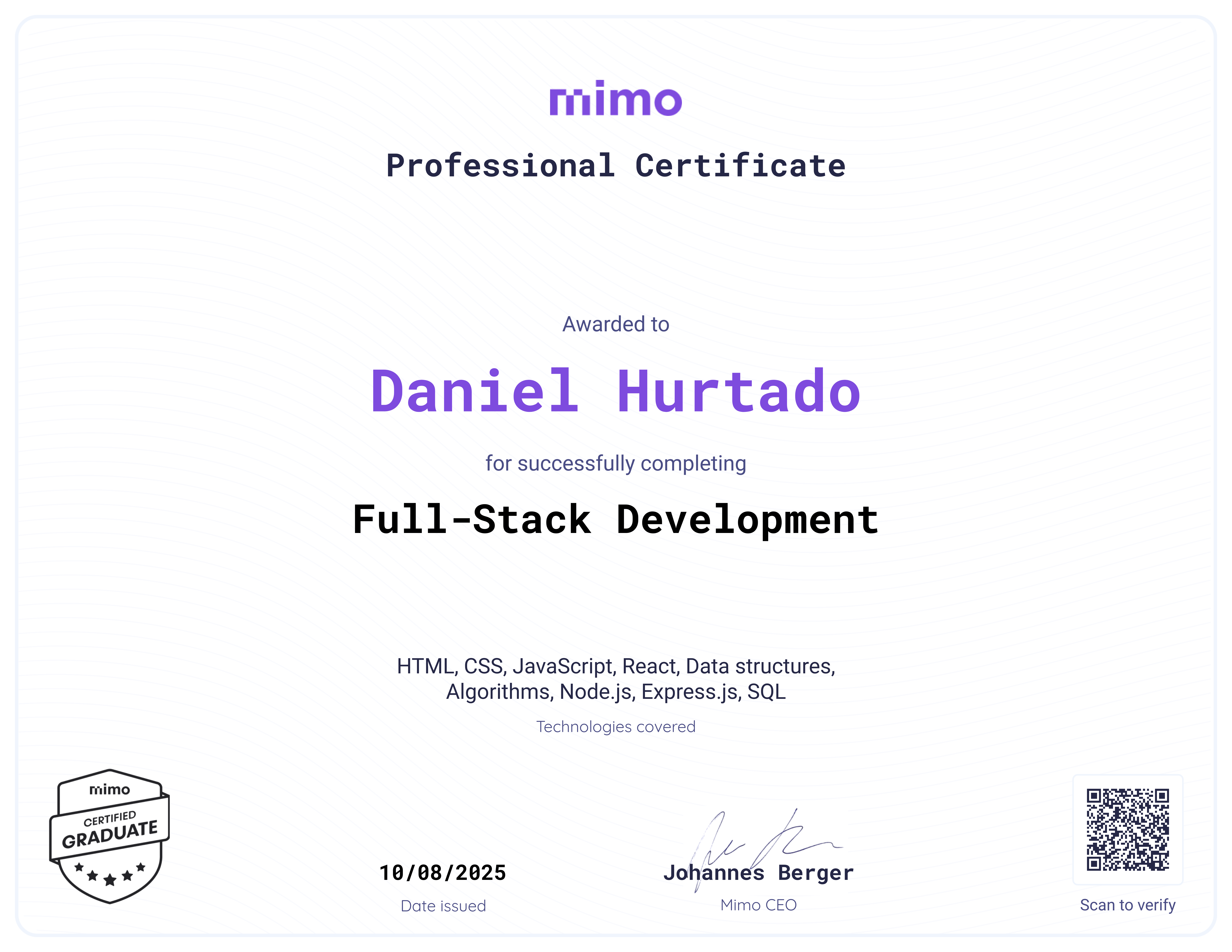 Certificado Full-Stack Web Development — Mimo